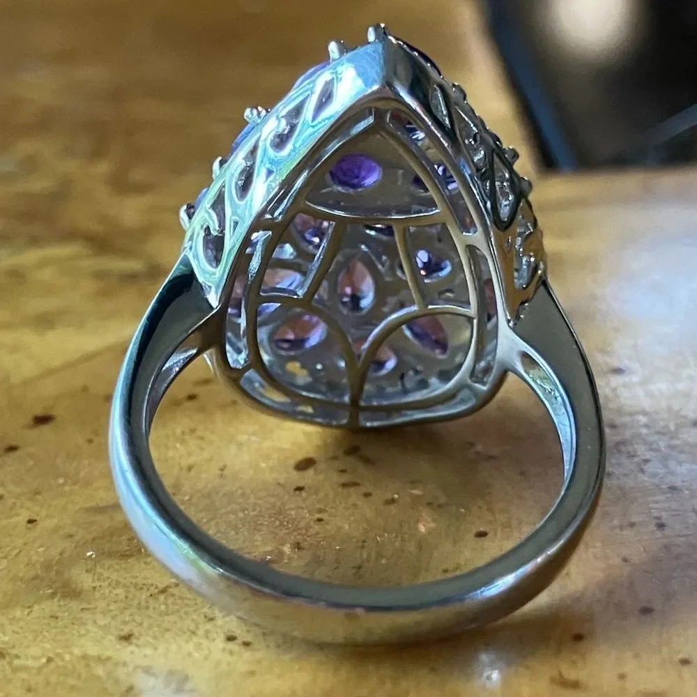 Natural Amethyst White Zircon Sterling Silver Cocktail Ring Size 7